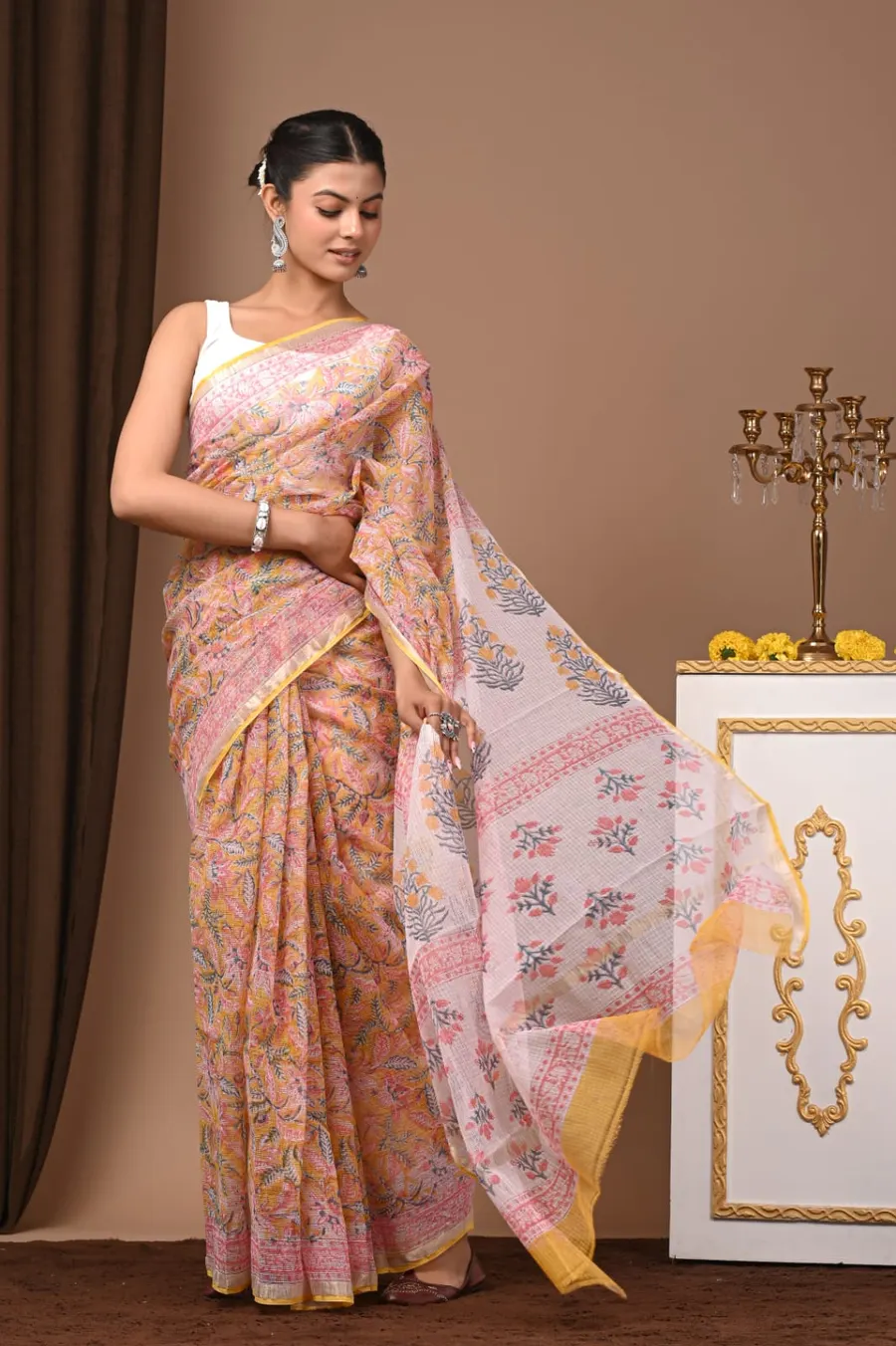 Handcrafted Bagru Print Kota Saree